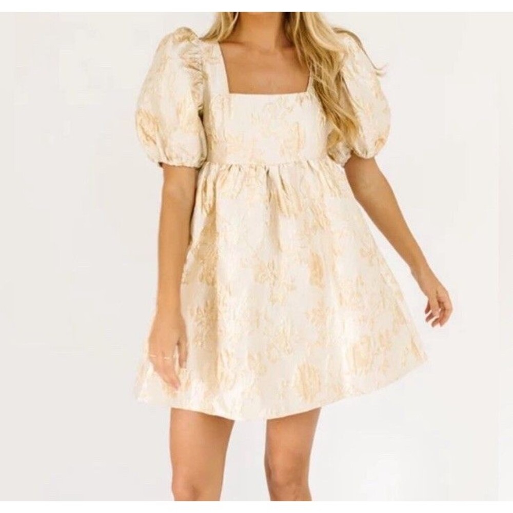 Sofie The Label Dress Size Small Babydoll Gold Puff Sleeve NWT Mini Dress